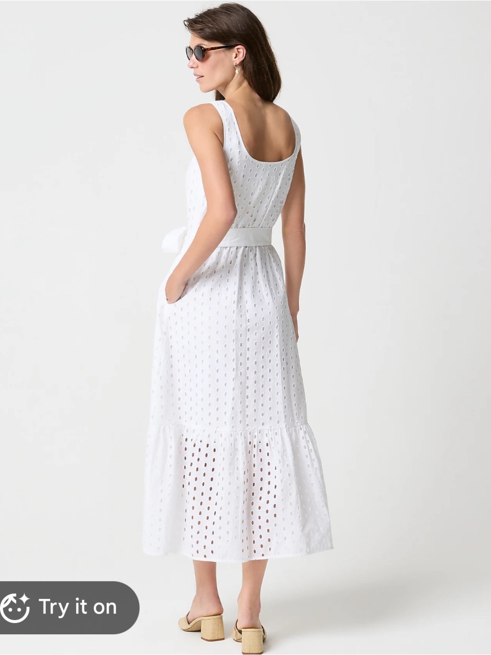 J.Crew White Eyelet Midi Dress with Waist Tie - Picture 3 of 4